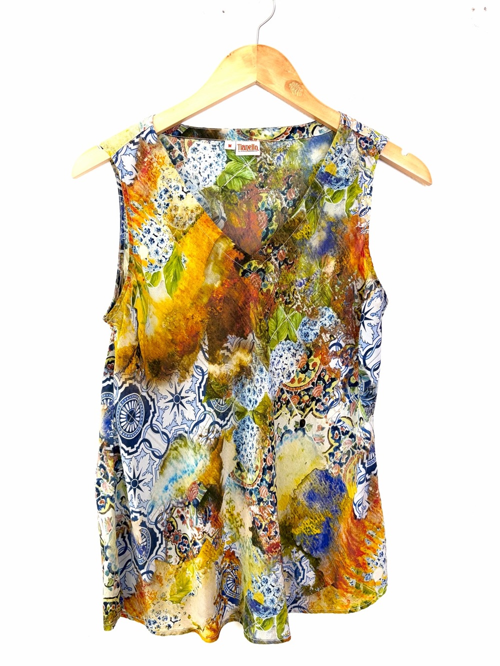 Tianello 100% Silk Multicolor Abstract top Print Sleeveless V-Neck Tank Blouse